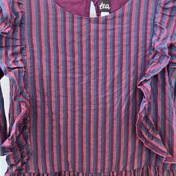 Tea Collection Purple Metallic Stripe Ruffle Dress Girls Size 7 - Picture 4 of 10